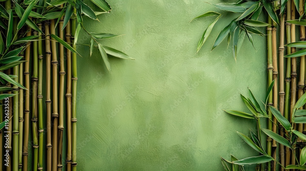 Poster Bamboo frame with textured green background providing ample free space for design and creative projects