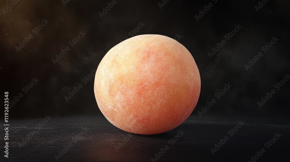 Poster realistic depiction of a ripe peach on a dark background highlighting its texture and color for food