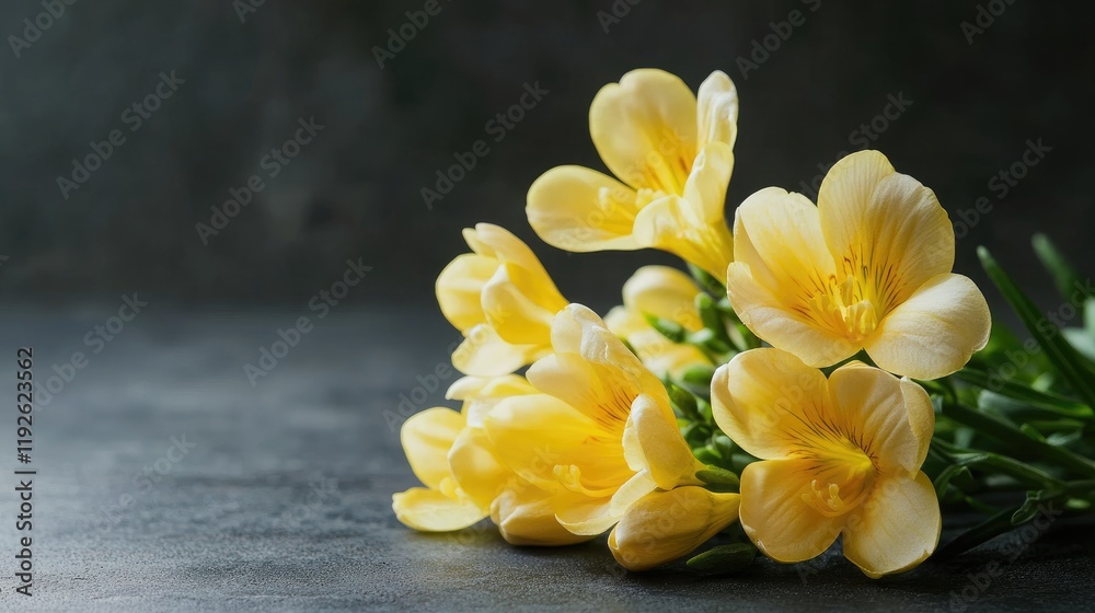 Poster elegant bouquet of yellow freesia flowers on table against dark background with space for text or fl
