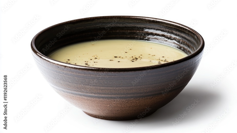 Poster creamy soup in a rustic bowl set against a clean white background showcasing comfort food in an appe