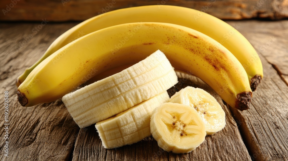Aufkleber fresh bananas with sliced sections on rustic wooden surface for healthy snack concept