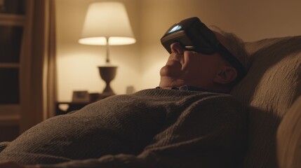 Fototapeta premium Elderly man relaxes on sofa at night, wearing VR headset.