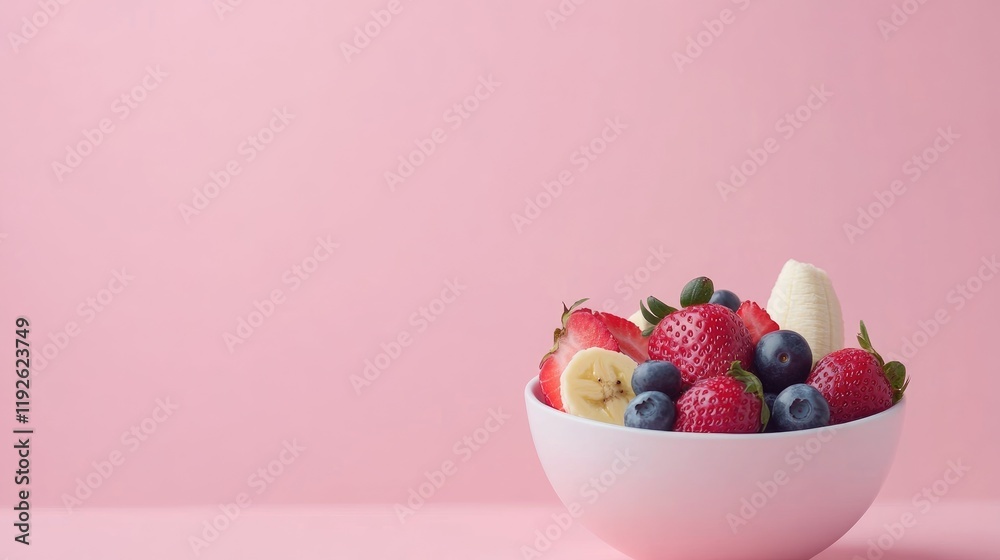 Poster bowl of creamy yogurt topped with fresh strawberries blueberries and banana on a soft pink backgroun