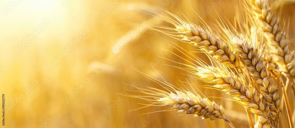 Aufkleber Golden wheat spikelets illuminated by sunlight on a soft background with ample space for text or promotional content
