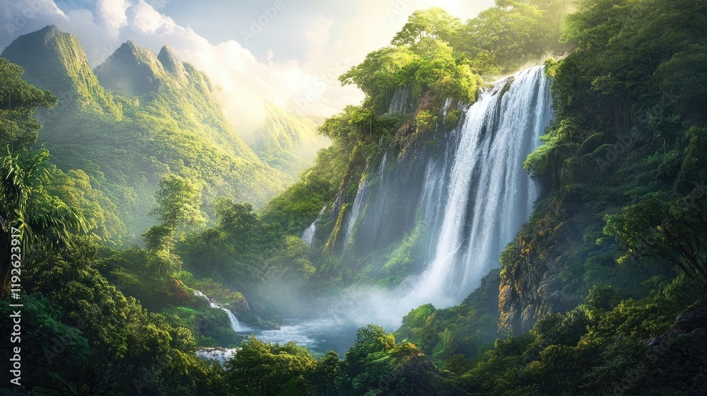 Aufkleber majestic waterfall cascading through lush green forest with mountains in background and soft mist ri