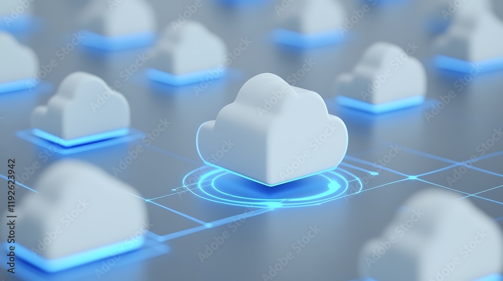 Poster 3d render of cloud computing concept with digital circuits and glowing technology elements