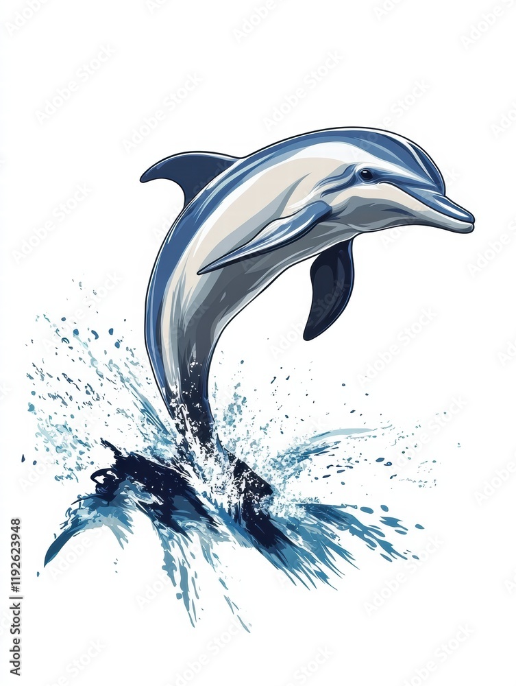 Poster Illustration of a leaping dolphin creating splashes in the ocean during a bright sunny day. Generative AI