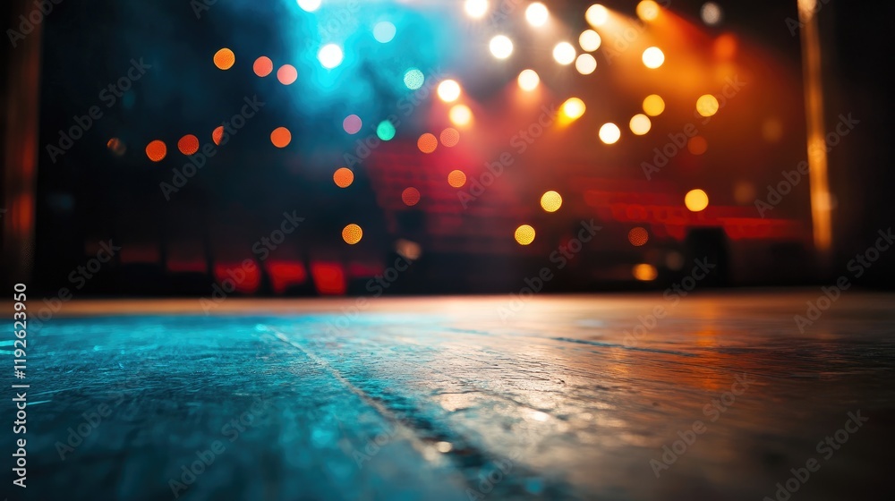 Poster bokeh lights illuminating a vibrant theater stage with a blurred wooden floor in the foreground crea