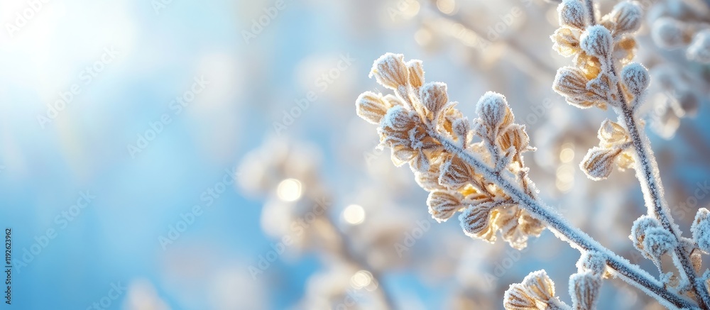 Poster frosty flowering plant background with soft bokeh effect and ample copyspace for text embellishment 