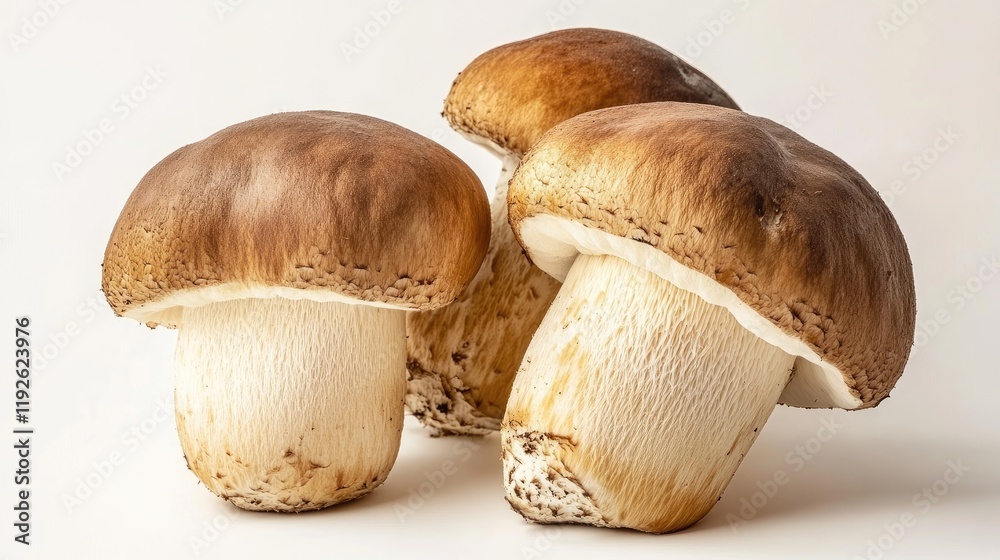 Poster boletus mushrooms arranged elegantly against a clean white background showcasing their unique shape 