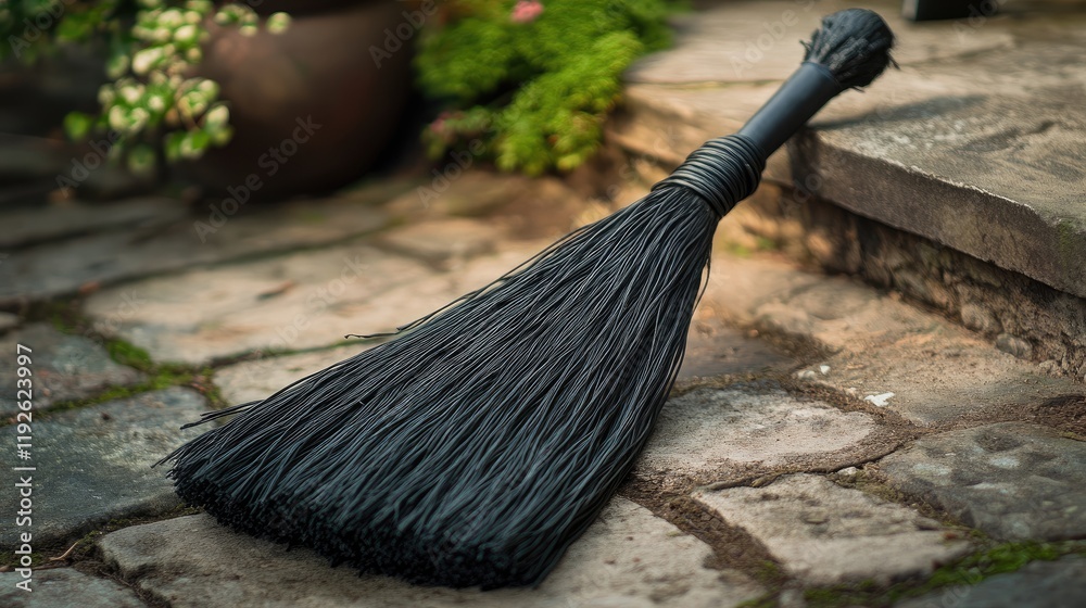 Poster Black broom resting on cobblestone surface in a cozy garden setting with greenery and rustic decor elements surrounding it