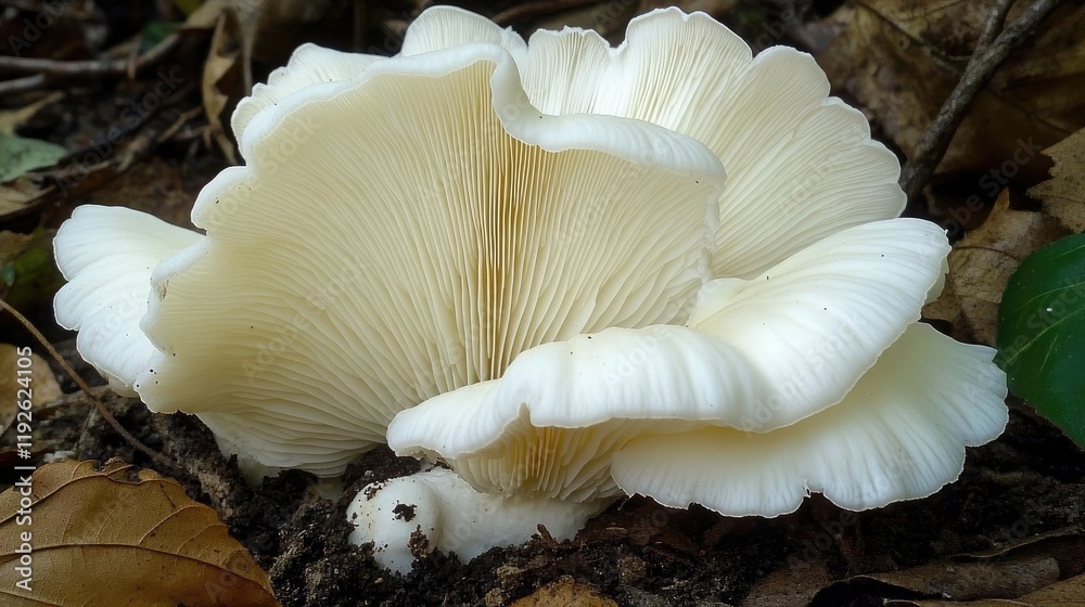 Poster pure white mushroom growing amidst soil twigs and leaves in a natural forest setting showcasing its 