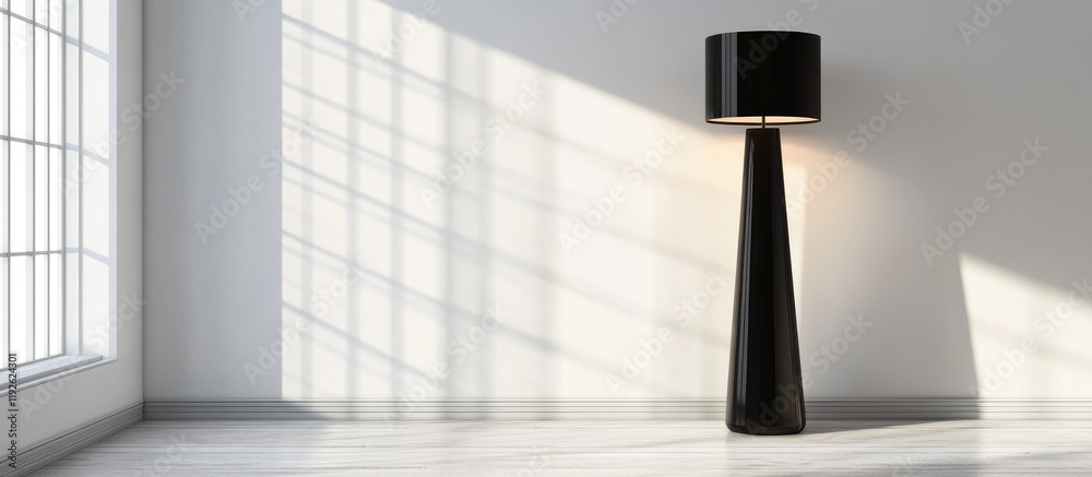 Poster minimalist black floor lamp casting shadows in bright modern room with white wooden floor and space 