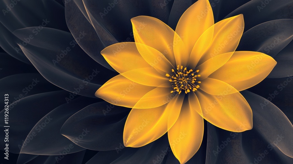 Poster vibrant yellow flower atop dark leaves with abstract background ideal for showcasing text or design 