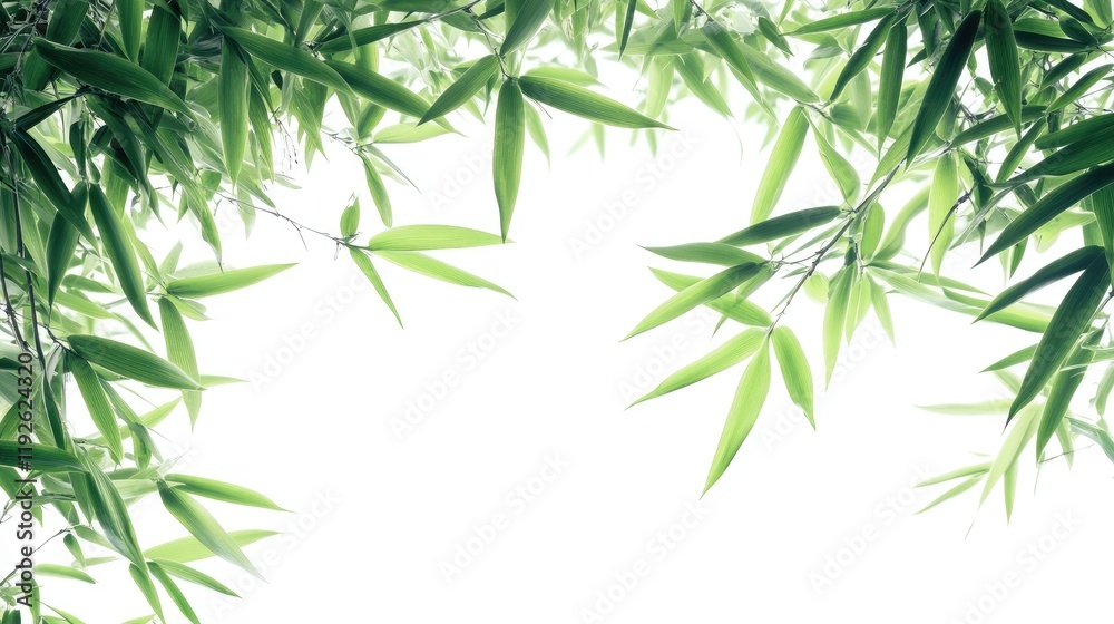 Aufkleber bamboo tree leaves and branches framing a bright white background creating a serene green foliage ba