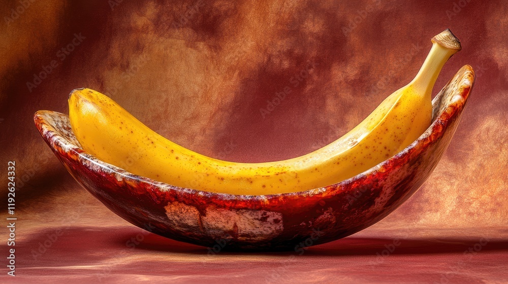 Poster banana fruit displayed in a decorative red agate bowl with a textured background showcasing colors a