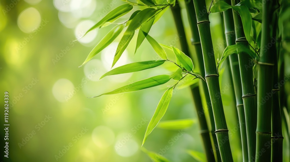 Poster lush green bamboo leaves and trunks with a blurred background creating a serene and tranquil natural