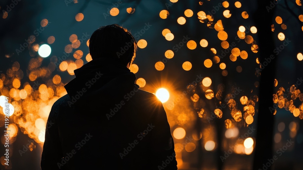 Poster Silhouetted figure against a bokeh night light background creating a warm and dreamy atmosphere in an outdoor setting