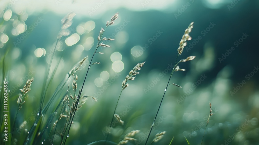 Poster soft bokeh background with blurred grass and dew drops for tranquil nature aesthetic