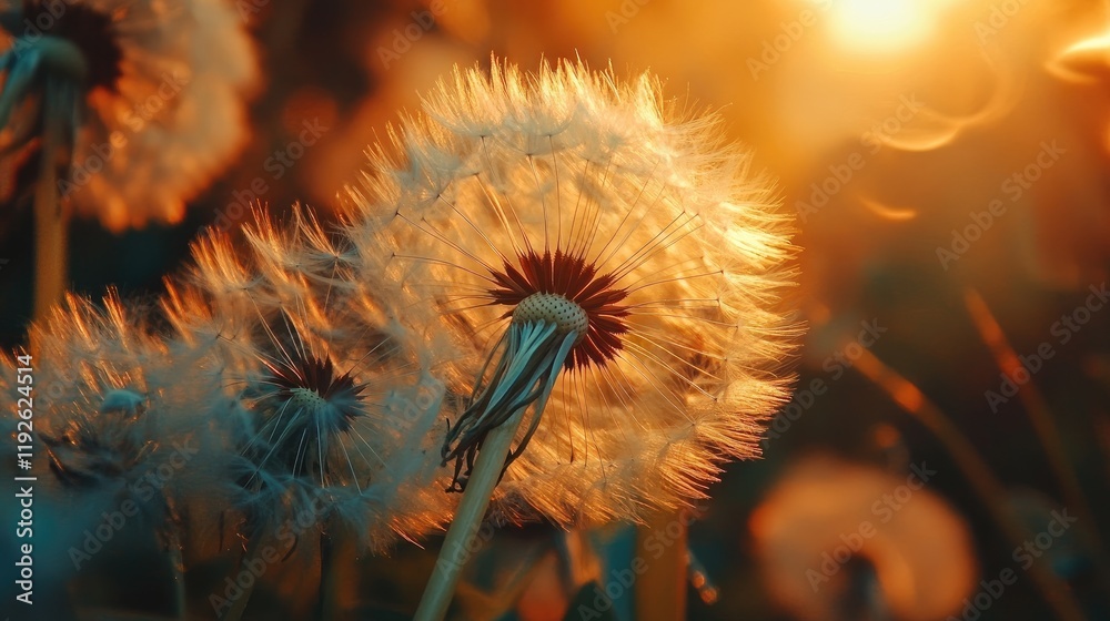 Poster dandelion flower glowing in sunset light with delicate seeds ready to disperse creating a serene nat