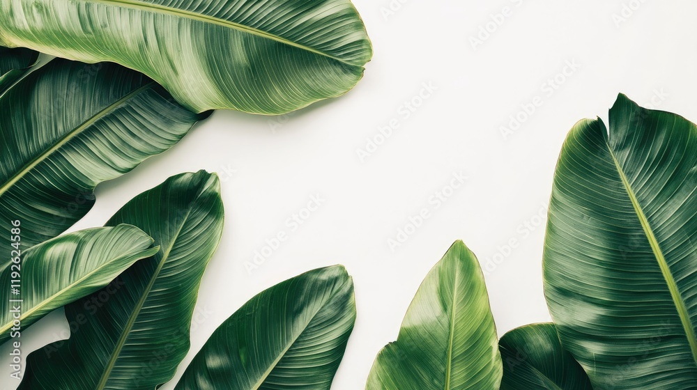 Poster Banana leaves arranged on a white background creating a fresh and tropical design element for various projects