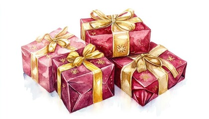 Fototapeta premium Watercolor of festive New Year gifts with deep crimson and gold ribbon details