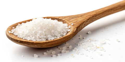 A Close-Up View of a Wooden Spoon with Salt Isolated on a White Background