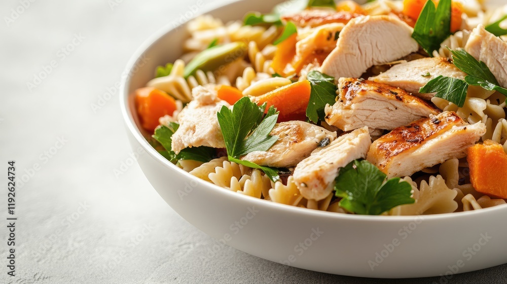 Poster bow tie pasta salad with grilled chicken and fresh vegetables in a white bowl with ample empty space