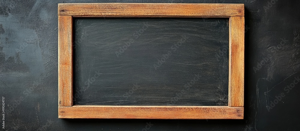 Poster top view of a black chalkboard with wooden frame providing ample copyspace for text creation or educ