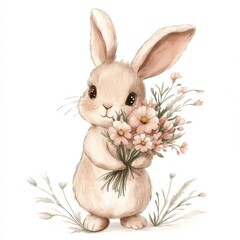 Obraz premium Cute illustration of a rabbit holding a bouquet of flowers in a soft, whimsical style. Generative AI
