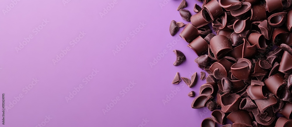 Aufkleber Chocolate curls scattered on a vibrant purple background with ample empty space for text or advertising messages