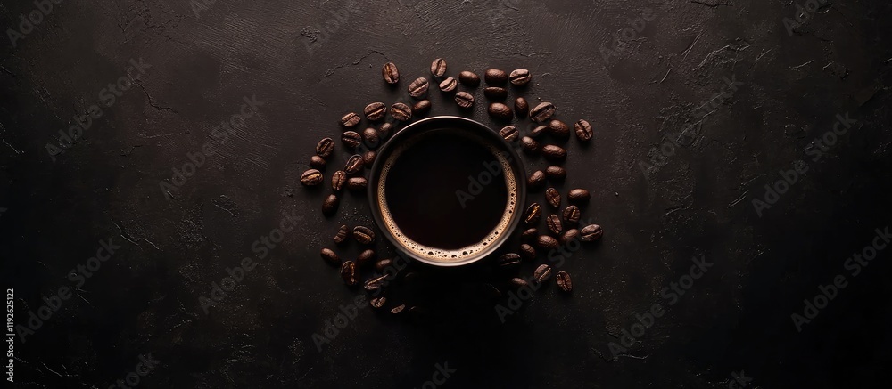 Poster black coffee cup surrounded by coffee beans on dark surface with ample copyspace for text showcasing