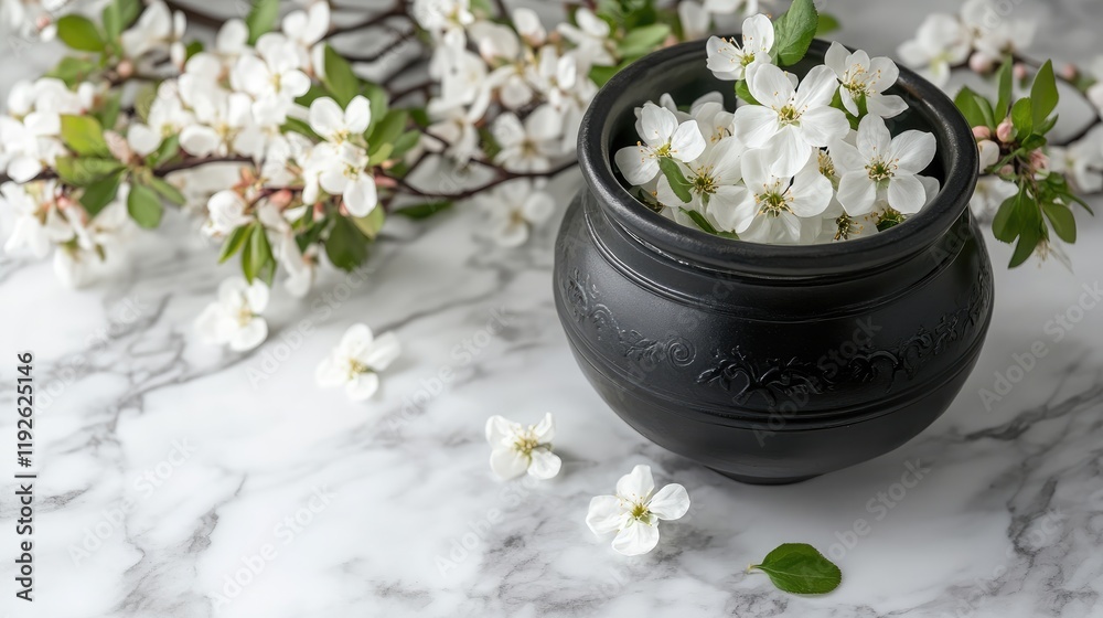 Poster Black cauldron with white blossoms and greenery on marble surface creating a serene and elegant composition with space for text