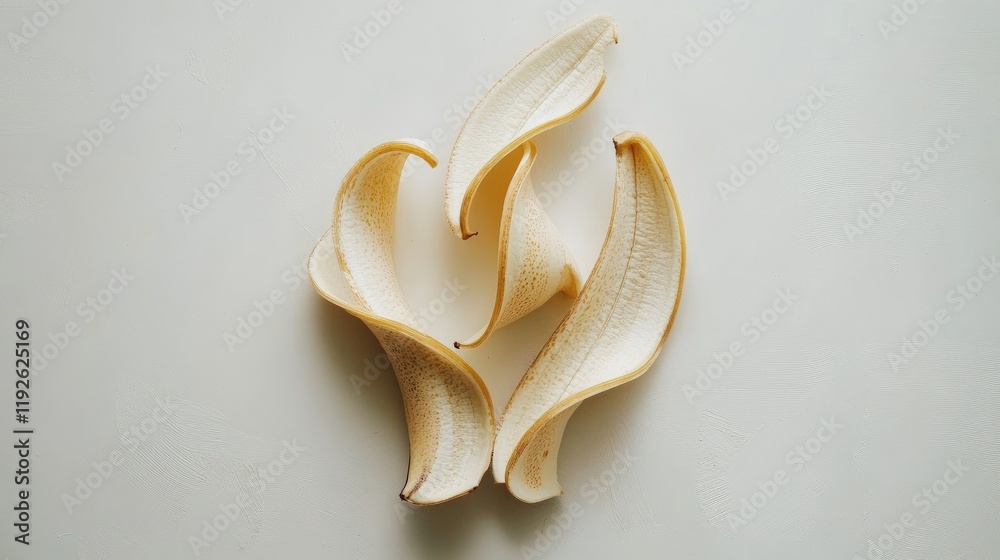 Poster curled banana peels arranged artistically on a neutral background showcasing natural textures and co
