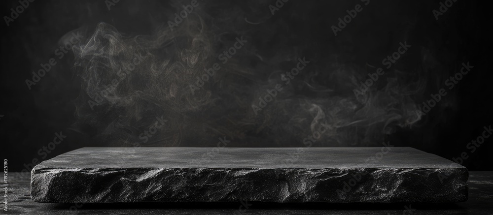 Poster Elegant Black Slate Surface with Dark Gray Smoke and Ample Space for Text or Product Display