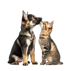Fototapeta premium Cute puppy and kitten share a tender moment together indoors isolated on white