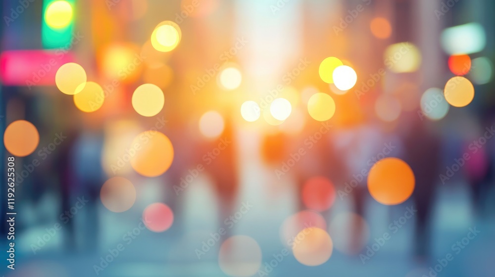 Aufkleber abstract cityscape bokeh effect with blurred pedestrians and vibrant lights on a sunny day creating 