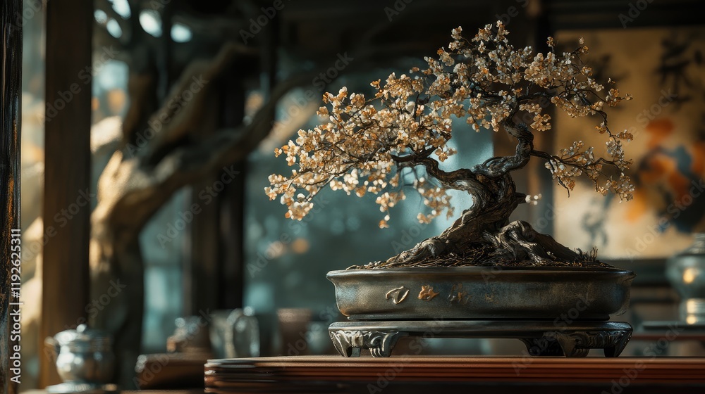 Poster Artistic representation of a bonsai tree in an elegant setting with intricate details showcasing its beauty and craftsmanship in natural light.