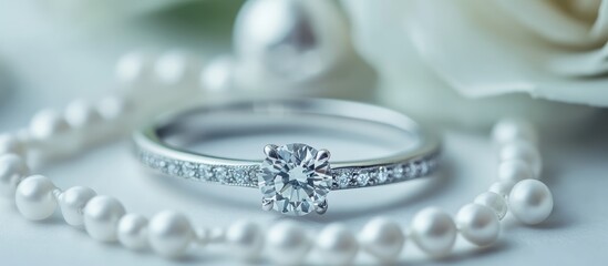 Elegant white gold wedding ring adorned with diamonds and pearls on soft floral background ideal for bridal jewelry promotions and advertising.