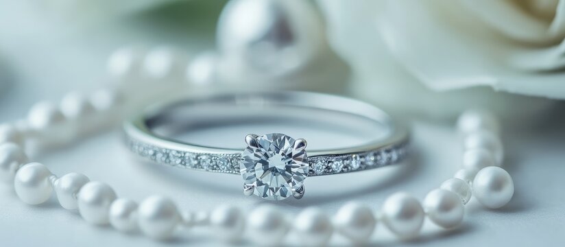 Elegant white gold wedding ring adorned with diamonds and pearls on soft floral background ideal for bridal jewelry promotions and advertising.