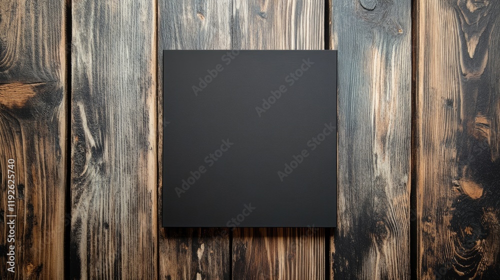 Poster black square banner template on rustic wooden background for design or advertising use.