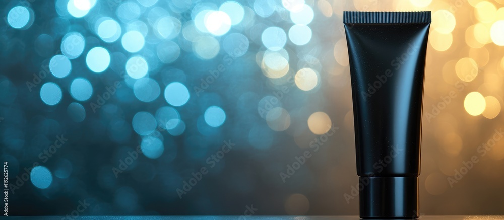 Poster Elegant black cosmetic tube on a vibrant gradient bokeh background with ample copyspace for branding or product information display