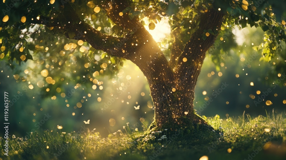 Poster Bokeh light sparkling through a lush green tree creating a dreamy and enchanting nature scene in soft sunlight