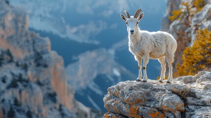 Obraz premium Majestic Mountain Goat Perched on Rugged Cliff Dramatic Landscape Backdrop