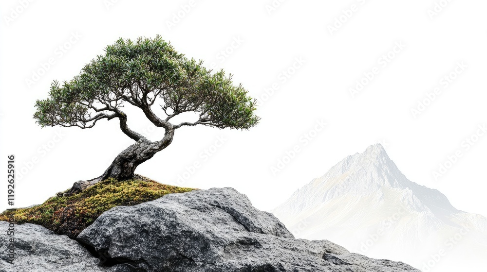 Poster serene bonsai tree on rocky terrain with mountain backdrop symbolizing tranquility and harmony in na
