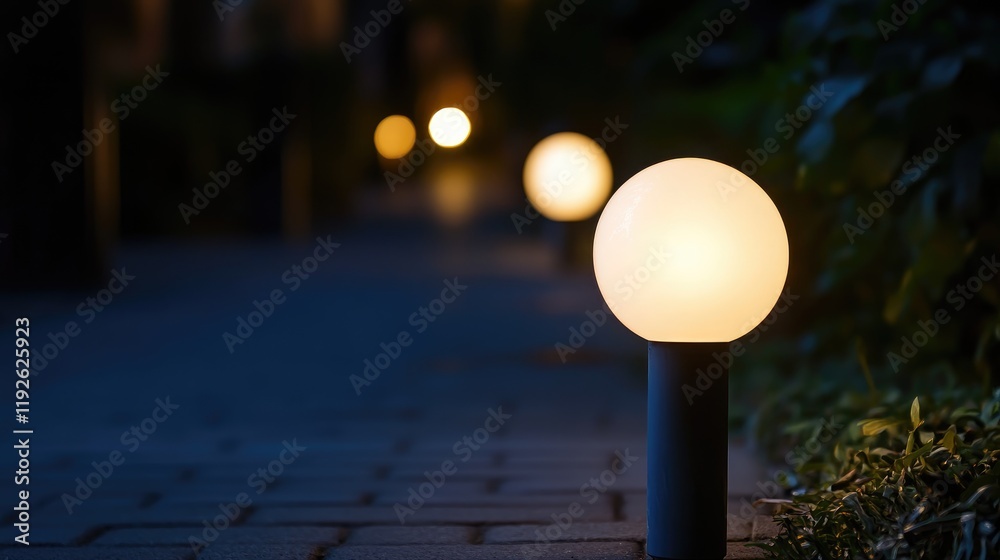 Aufkleber Soft Bokeh Night Light Pathway with Glowing Orbs Creating a Warm Atmospheric Ambiance in a Serene Outdoor Setting