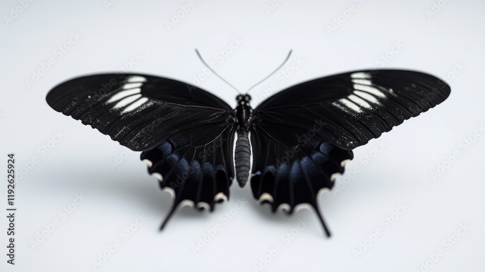 Poster Elegant black butterfly with intricate white patterns resting on a clean white background showcasing nature's beauty and delicate details.