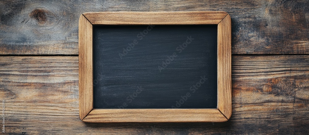 Poster Chalkboard mockup on rustic wooden table featuring empty space for custom text with brown paper accents and a natural wooden frame
