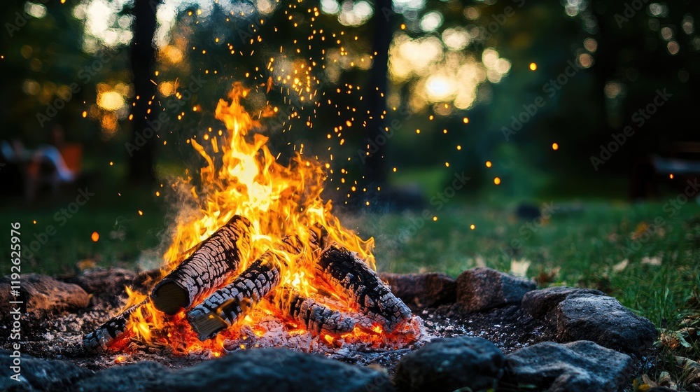 Poster bokeh effect of a vibrant campfire surrounded by glowing embers in a serene outdoor setting at dusk.