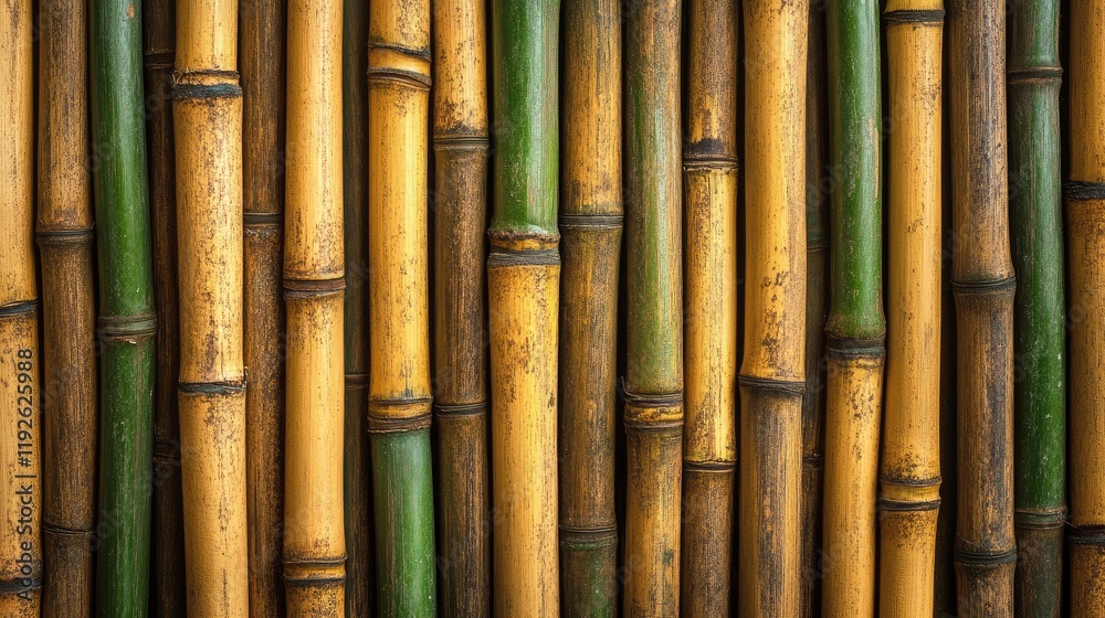 Aufkleber Natural bamboo texture background with vertical green and yellow stalks creating an organic, rustic design for various creative applications.